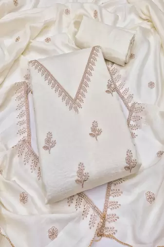Vichitra silk embroidered unstitched suit with heavy santoon bottom and vichitra silk dupatta