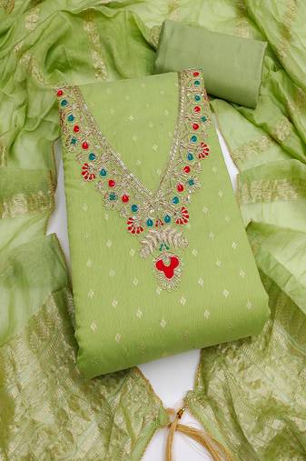 Chanderi butti embroidered unstitched suit with heavy santoon bottom and chanderi jacquard dupatta