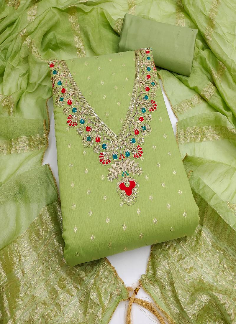 Chanderi butti embroidered unstitched suit with heavy santoon bottom and chanderi jacquard dupatta