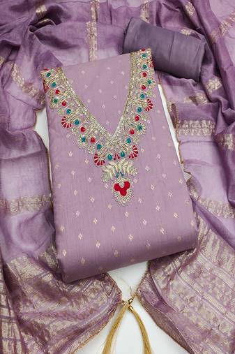 Chanderi butti embroidered unstitched suit with heavy santoon bottom and chanderi jacquard dupatta
