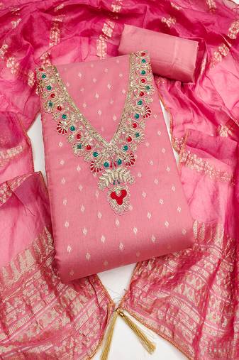 Chanderi butti embroidered unstitched suit with heavy santoon bottom and chanderi jacquard dupatta