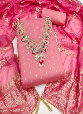 Chanderi butti embroidered unstitched suit with heavy santoon bottom and chanderi jacquard dupatta 1