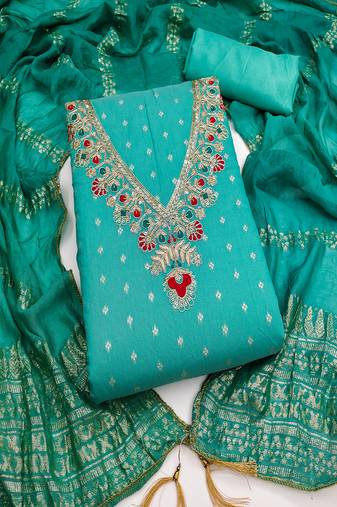 Chanderi butti embroidered unstitched suit with heavy santoon bottom and chanderi jacquard dupatta