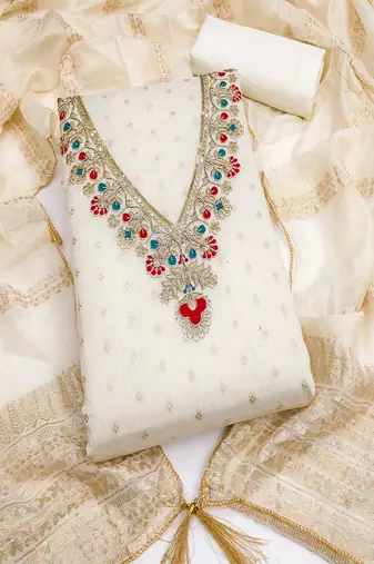 Chanderi butti embroidered unstitched suit with heavy santoon bottom and chanderi jacquard dupatta