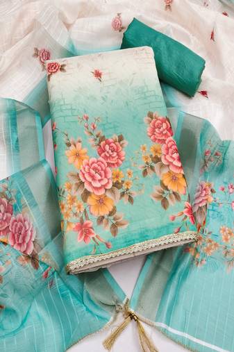 Simmer print unstitched suit with heavy santoon bottom and soft cotton dupatta