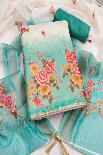 Simmer print unstitched suit with heavy santoon bottom and soft cotton dupatta
