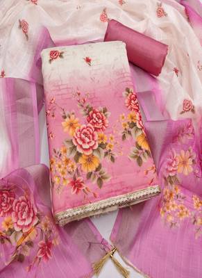 Shimmer print unstitched suit with heavy santoon bottom and soft cotton dupatta 1