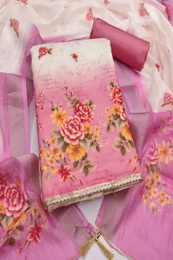 Shimmer print unstitched suit with heavy santoon bottom and soft cotton dupatta