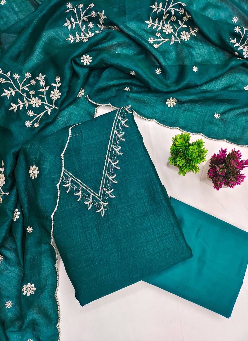 Vichitra silk embroidered unstitched suit with heavy santoon bottom and vichitra silk dupatta