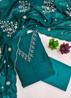 Vichitra silk embroidered unstitched suit with heavy santoon bottom and vichitra silk dupatta 1