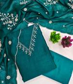 Vichitra silk embroidered unstitched suit with heavy santoon bottom and vichitra silk dupatta
