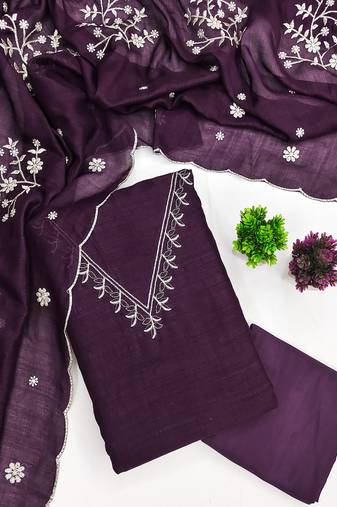 Vichitra silk embroidered unstitched suit with heavy santoon bottom and vichitra silk dupatta