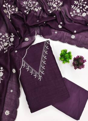 Vichitra silk embroidered unstitched suit with heavy santoon bottom and vichitra silk dupatta 1