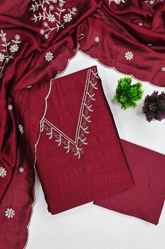 Vichitra silk embroidered unstitched suit with heavy santoon bottom and vichitra silk dupatta