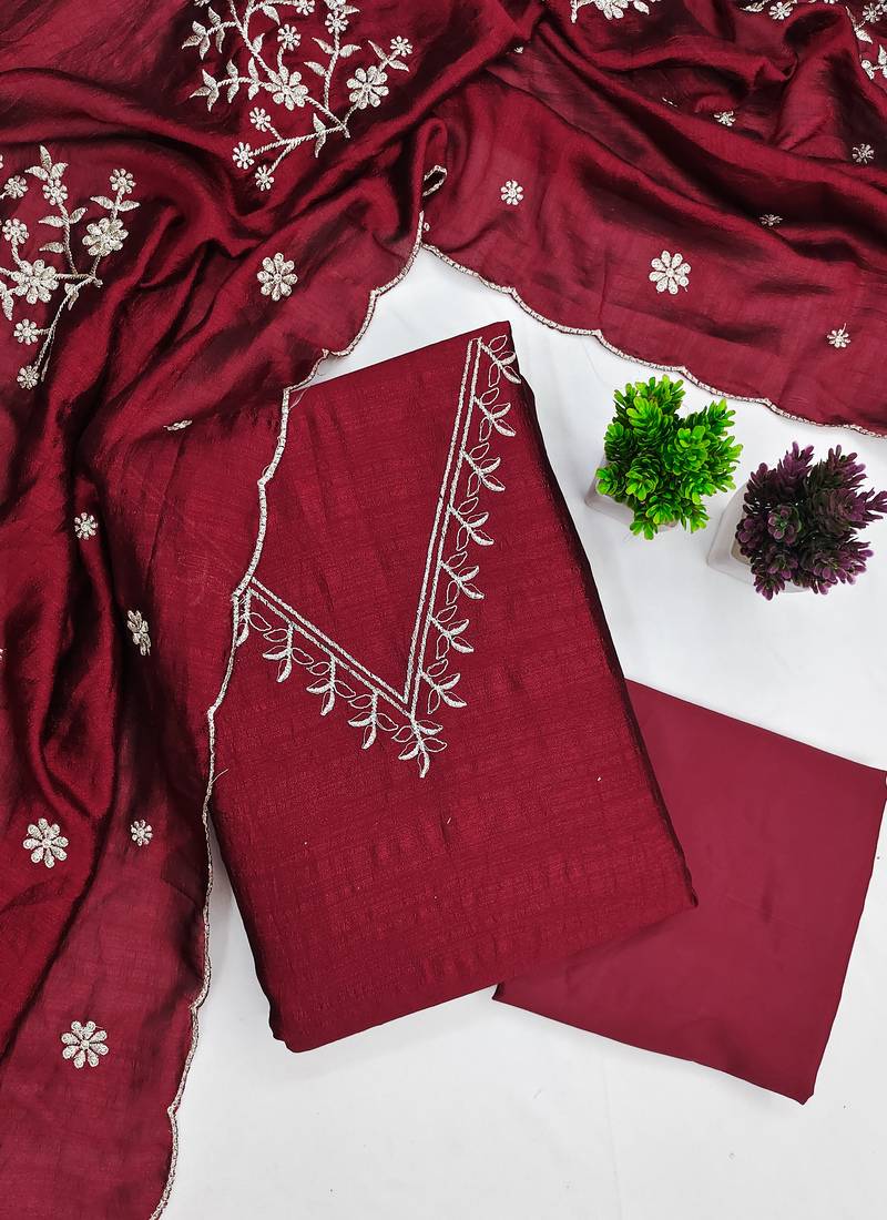 Vichitra silk embroidered unstitched suit with heavy santoon bottom and vichitra silk dupatta