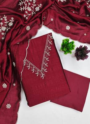 Vichitra silk embroidered unstitched suit with heavy santoon bottom and vichitra silk dupatta 1