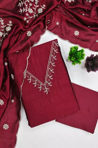 Vichitra silk embroidered unstitched suit with heavy santoon bottom and vichitra silk dupatta