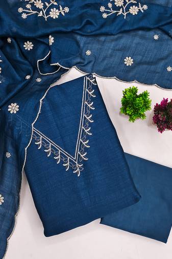 Vichitra silk embroidered unstitched suit with heavy santoon bottom and vichitra silk dupatta