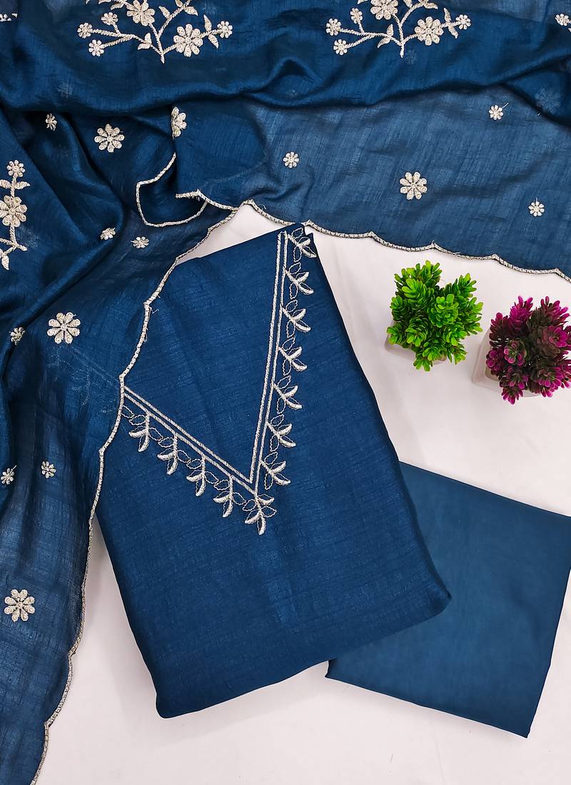 Vichitra silk embroidered unstitched suit with heavy santoon bottom and vichitra silk dupatta