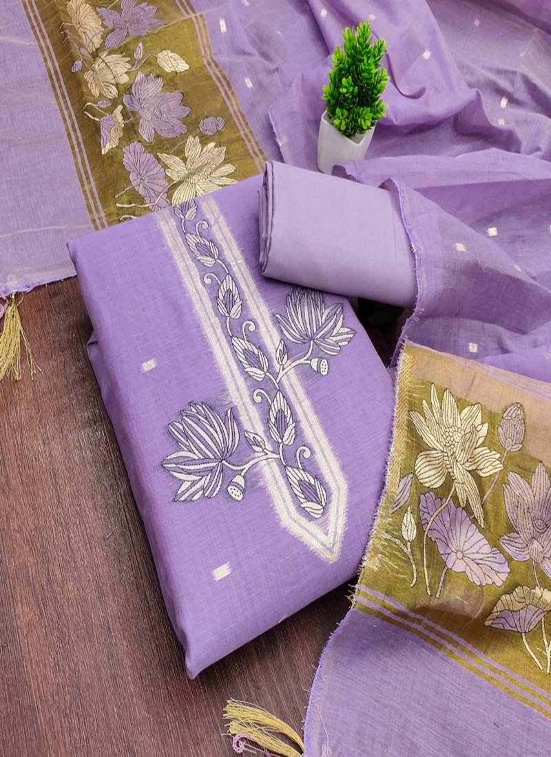 Muga cotton jamdani pichwai weaving unstitched suit with heavy santoon bottom and matching dupatta