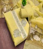 Muga cotton jamdani pichwai weaving unstitched suit with heavy santoon bottom and matching dupatta