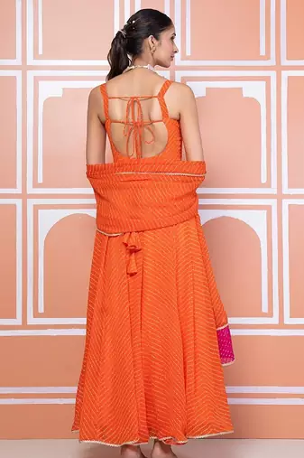 Orange lehariya anarkali set