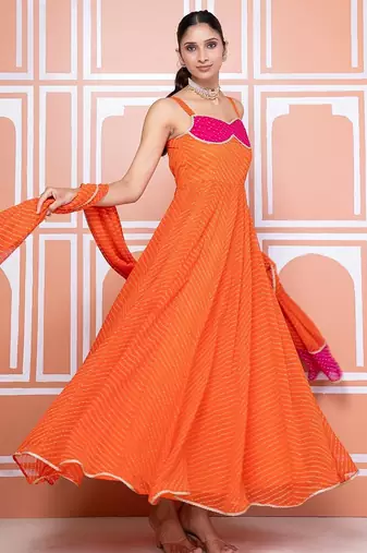 Orange lehariya anarkali set