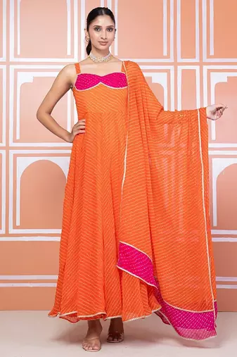 Orange lehariya anarkali set