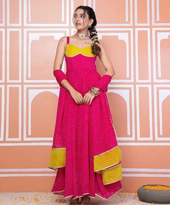 Pink lehariya anarkali set 1