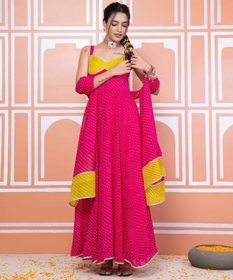 Pink lehariya anarkali set 2