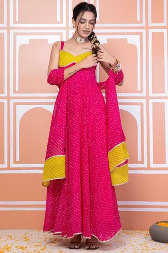 Pink lehariya anarkali set