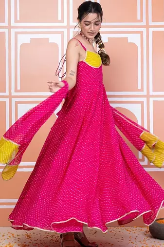 Pink lehariya anarkali set