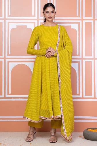 Lime green lehariya anarkali with jacket