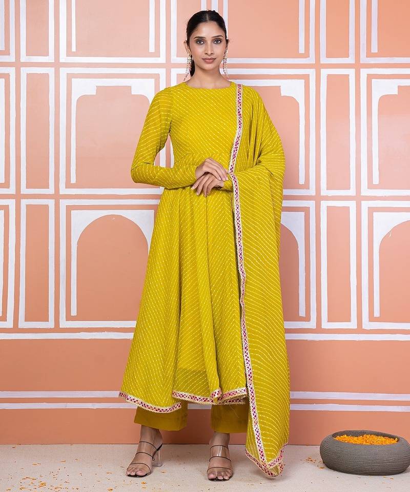 Lime green lehariya anarkali with jacket