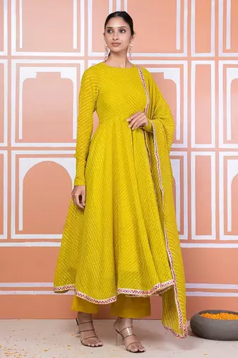 Lime green lehariya anarkali with jacket