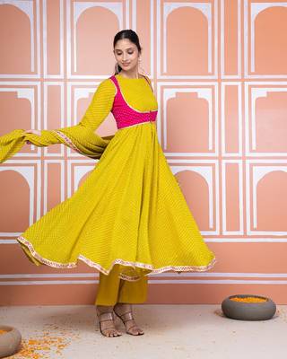 Lime green lehariya anarkali with jacket 4