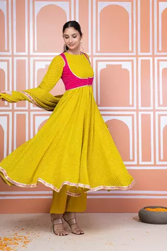 Lime green lehariya anarkali with jacket