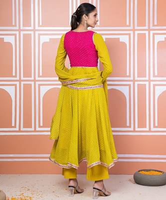 Lime green lehariya anarkali with jacket 5