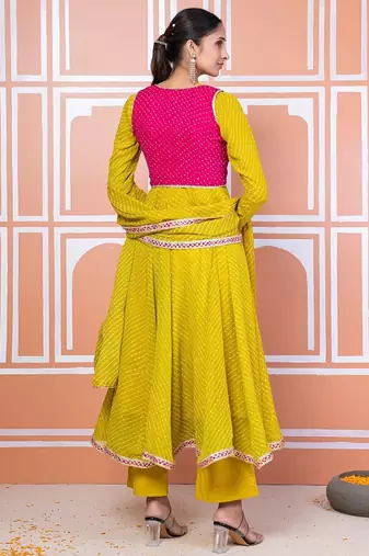 Lime green lehariya anarkali with jacket