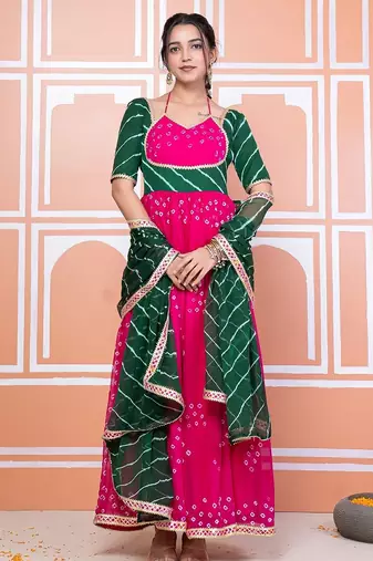 Pink bandhani anarkali set