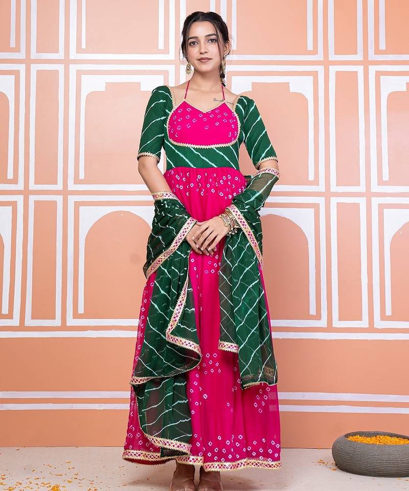 Pink bandhani anarkali set
