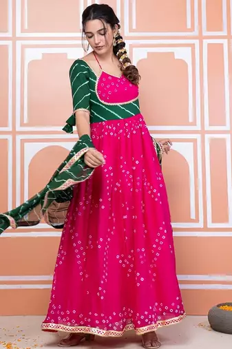 Pink bandhani anarkali set
