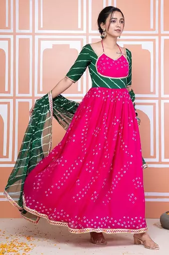 Pink bandhani anarkali set