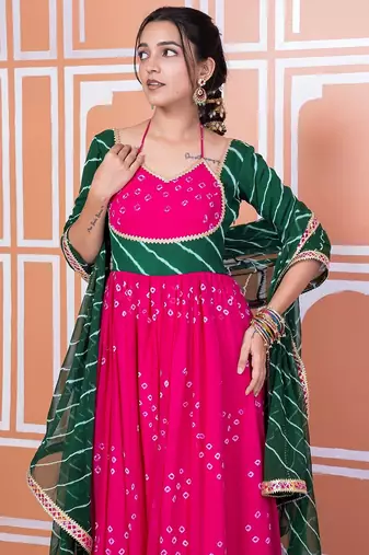 Pink bandhani anarkali set