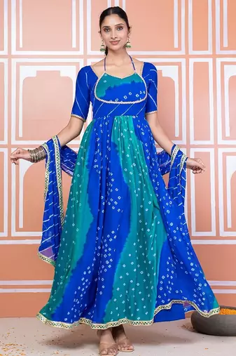 Blue bandhani anarkali set