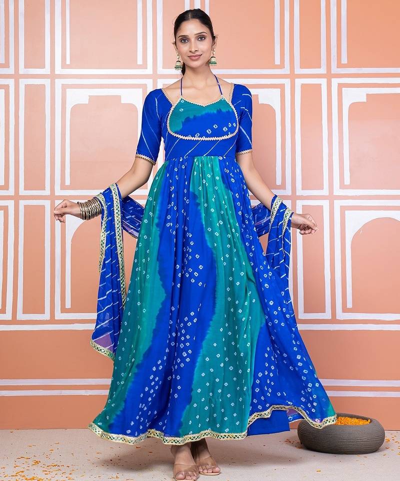 Blue bandhani anarkali set