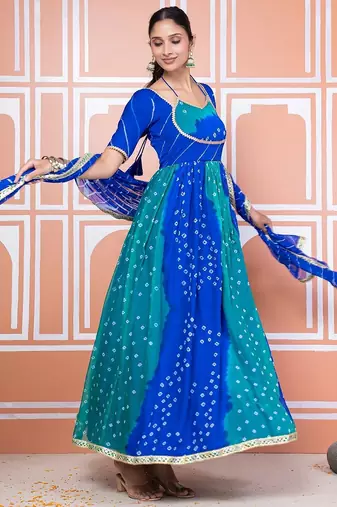 Blue bandhani anarkali set