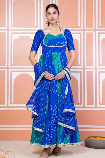 Blue bandhani anarkali set