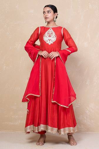Red chanderi anarkali set