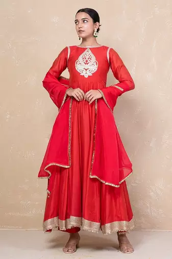 Red chanderi anarkali set
